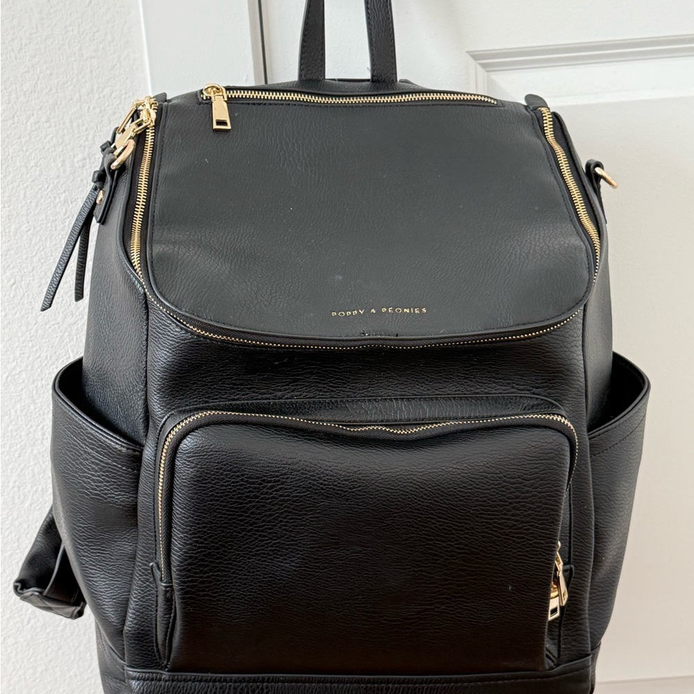 Poppy and Peonies Lullaby Diaper Backpack — Black Backpack with Gold Details